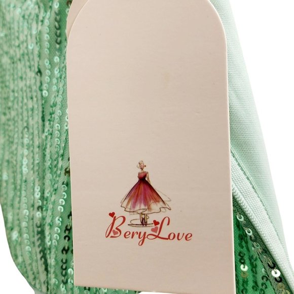 One-Shoulder Light Green Sequined Dress With Ribbon Waist Flowing Skirt Size M - Picture 12 of 12